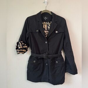 Dennis Basso Black Safari Jacket Animal Print‎ Lining Belted Pockets Sz S Casual